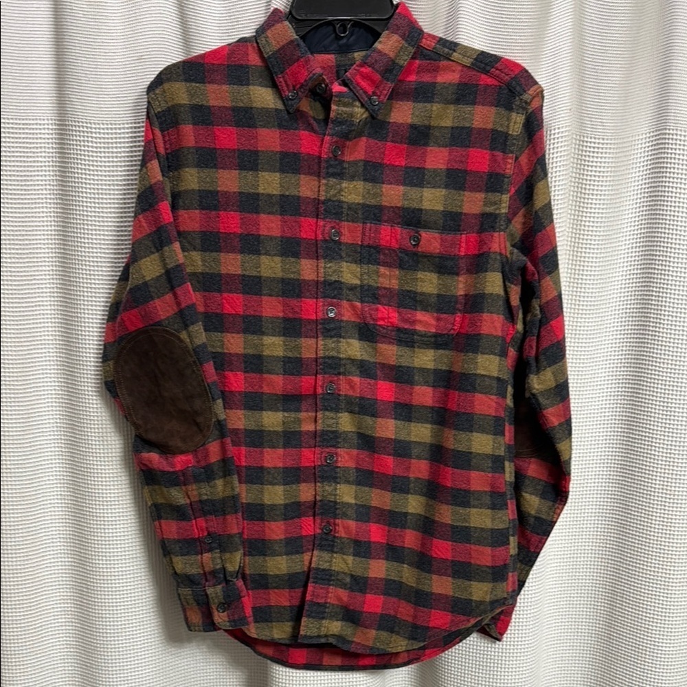 J Crew Men’s Flannel Plaid leather patch elbows SZ S Olive/red/black Gorpcore